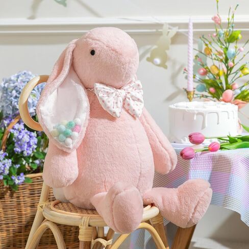 Ashler Bunny Throw Pillow - Soft Faux Rabbit Fur Faux Silk Ears with Colorful Balls, Rabbit Pillow with Polka Dot Bow Tie Spring Deco Pillow for Bedroom Living Room Couch, White, 18x14.5 in in Saudi Arabia