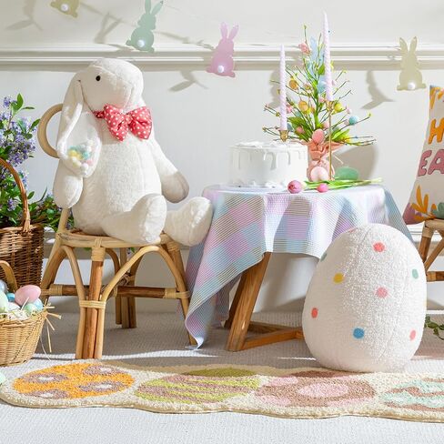 Ashler Bunny Throw Pillow - Soft Faux Rabbit Fur Faux Silk Ears with Colorful Balls, Rabbit Pillow with Polka Dot Bow Tie Spring Deco Pillow for Bedroom Living Room Couch, White, 18x14.5 in in Saudi Arabia