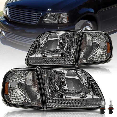 مجموعة المصابيح الأمامية BRYGHT متوافقة مع Ford 1997-2003 F150 / 2004 F150 Heritage / 1997-2002 Expedition / 1997-1999 F250 للخدمة الخفيفة مع أضواء الزاوية 4 قطع (مبيت من الكروم مع عاكس شفاف) in Kuwait