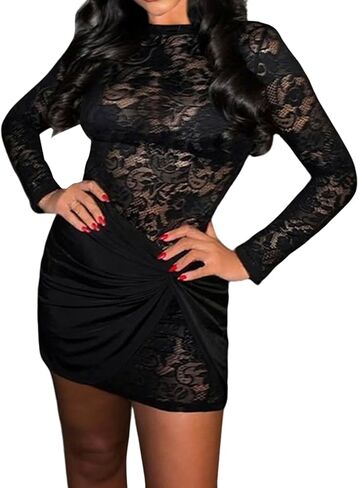 فستان Sedmoda نسائي مثير بأكمام طويلة من الدانتيل شفاف شفاف من خلال فستان Bodycon قصير مع تنورة قصيرة ملفوفة in Kuwait