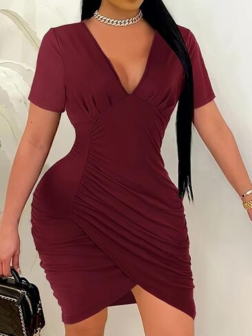 Womens Sexy V Neck Short Sleeve Plus Size Ruched Solid Color Summer Club Party Bodycon Dresses in Saudi Arabia