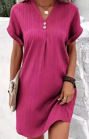 utcoco Summer Dresses for Women 2025 Casual Button V Neck Short Sleeve Tunics A Line Ribbed Mini T Shirt Dress in Saudi Arabia