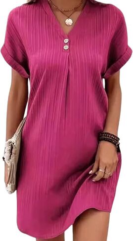 utcoco Summer Dresses for Women 2025 Casual Button V Neck Short Sleeve Tunics A Line Ribbed Mini T Shirt Dress in Saudi Arabia