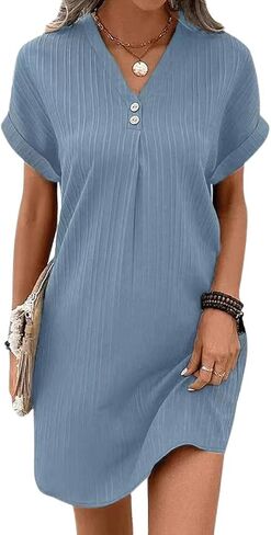 utcoco Summer Dresses for Women 2025 Casual Button V Neck Short Sleeve Tunics A Line Ribbed Mini T Shirt Dress in Saudi Arabia
