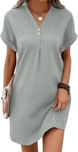 utcoco Summer Dresses for Women 2025 Casual Button V Neck Short Sleeve Tunics A Line Ribbed Mini T Shirt Dress in Saudi Arabia