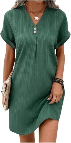 utcoco Summer Dresses for Women 2025 Casual Button V Neck Short Sleeve Tunics A Line Ribbed Mini T Shirt Dress in Saudi Arabia