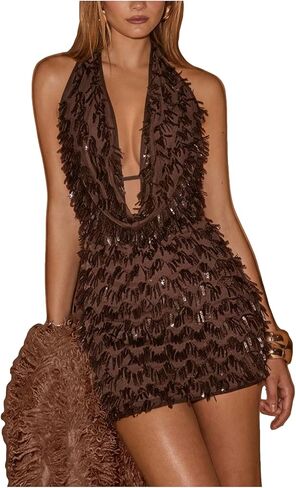 MakeMeChic Women's Sequin Sparkly Halter Dress Low Cut Open Back Draped Fringe Party Dresses in Saudi Arabia