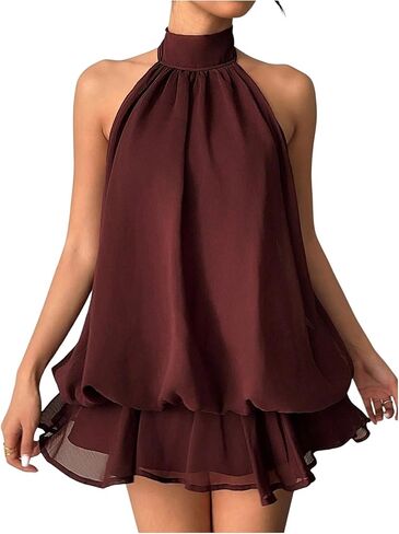 SHENHE Women's Chiffon High Neck Halter Mini Dress Ruffle Wedding Guest Birthday Party Dress in Saudi Arabia
