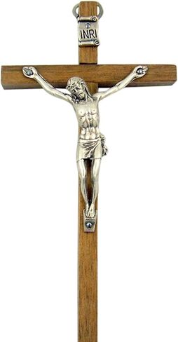 Brown Wooden Cross with Silver Toned Christ Corpus Crucifix Pendant, 4 3/4 Inch in Saudi Arabia