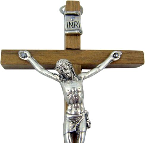 Brown Wooden Cross with Silver Toned Christ Corpus Crucifix Pendant, 4 3/4 Inch in Saudi Arabia