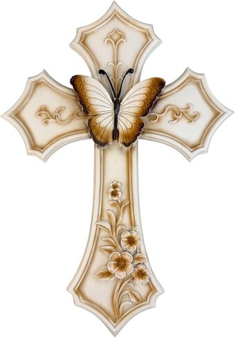 صليب حائط على شكل فراشة وزهور نحاسية - ديكور حائط مسيحي من الراتنج مقاس 12 بوصة مع لمسات حديقة الأزهار، منحوتة فنية ملهمة ليسوع الديني مع لمسة نهائية مطلية وشماعة سهلة التركيب in Saudi Arabia
