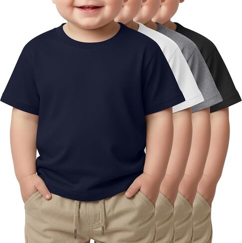 4 قطع من قمصان تي شيرت فضفاضة ذات أكتاف منسدلة وياقة دائرية وأكمام قصيرة للأطفال الصغار، قمصان كاجوال ناعمة للأولاد الصغار in Kuwait