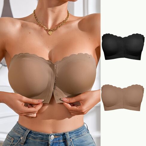 Strapless Bras 2-Pack, Backless Cross Strap Front Closure Bra, Seamless Invisible Push Up Bandeau Multi Pack for Women in Saudi Arabia