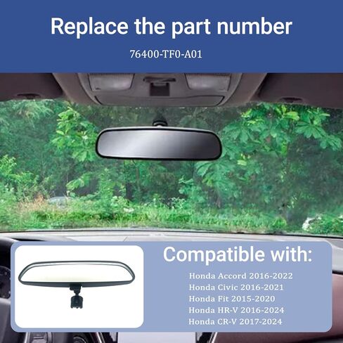 Rear View Mirror Compatible With 2016-2021 Honda Civic,2015-2020 Honda Fit,2016-2022 Honda Accord,2016-2024 Honda HRV HR-V,2017-2024 Honda CRV CR-V Replacement 76400-TF0-A01 in Kuwait