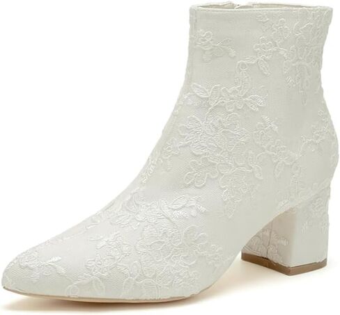 Lace Wedding Boots for Bride Block Heel Bridal Ankle Booties Wedding Heels Bride Shoes in Kuwait