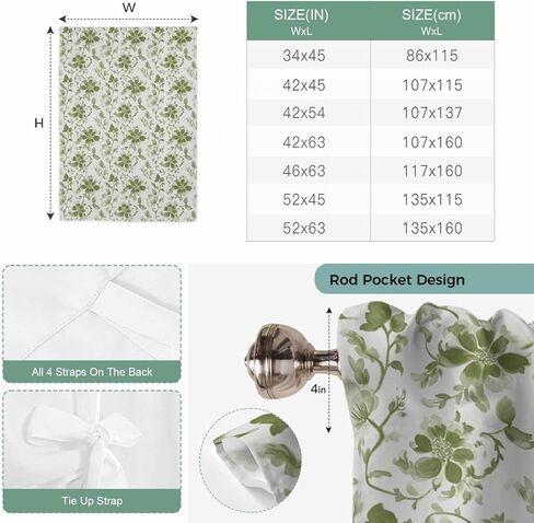 Green Flower Tie Up Curtains for Window, Country Watercolor Vintage Floral Thermal Insulated Balloon Shade Adjustable Rod Pocket Curtains Valance Panels for Kitchen Bathroom Café 46'' x 63'' in Saudi Arabia