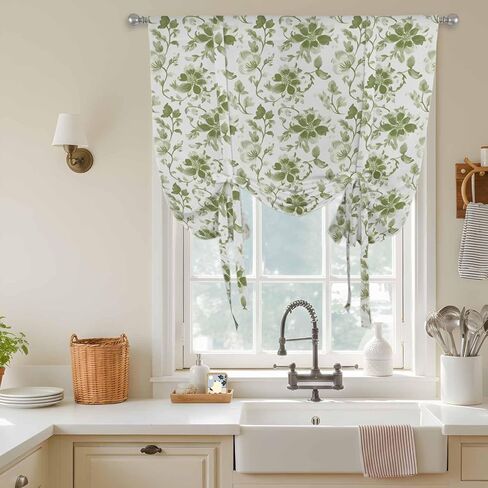 Green Flower Tie Up Curtains for Window, Country Watercolor Vintage Floral Thermal Insulated Balloon Shade Adjustable Rod Pocket Curtains Valance Panels for Kitchen Bathroom Café 46'' x 63'' in Saudi Arabia