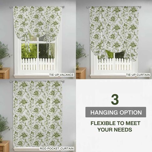 Green Flower Tie Up Curtains for Window, Country Watercolor Vintage Floral Thermal Insulated Balloon Shade Adjustable Rod Pocket Curtains Valance Panels for Kitchen Bathroom Café 46'' x 63'' in Saudi Arabia