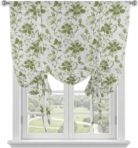 Green Flower Tie Up Curtains for Window, Country Watercolor Vintage Floral Thermal Insulated Balloon Shade Adjustable Rod Pocket Curtains Valance Panels for Kitchen Bathroom Café 46'' x 63'' in Saudi Arabia