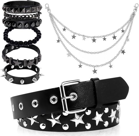 Black Studded Belt,Studded Bracelet Star Jeans Pants Chain Goth Rivet Punk Rock Cuff Bracelets Star Belt Emo Leather Cuff Bracelets for Women Men in Kuwait