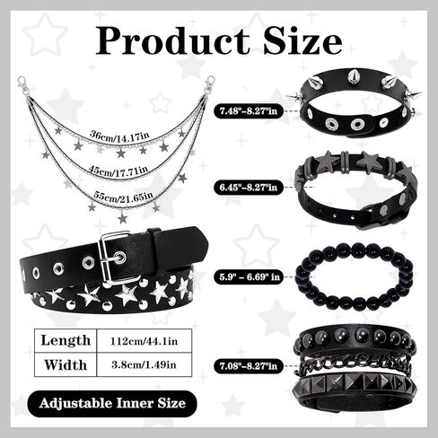 Black Studded Belt,Studded Bracelet Star Jeans Pants Chain Goth Rivet Punk Rock Cuff Bracelets Star Belt Emo Leather Cuff Bracelets for Women Men in Kuwait