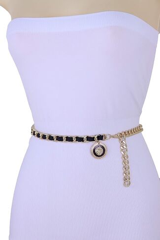 TFJ النساء حزام الموضة سلسلة معدنية ذهبية حزام أسود الورك عالية الخصر الأسد ميدالية سحر Sizw M L XL in Saudi Arabia