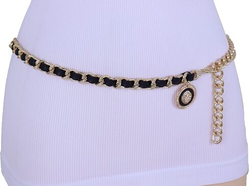TFJ النساء حزام الموضة سلسلة معدنية ذهبية حزام أسود الورك عالية الخصر الأسد ميدالية سحر Sizw M L XL in Saudi Arabia