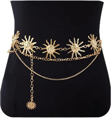 حزام ربط سلسلة خصر معدني للنساء والفتيات، حزام سلسلة عباد الشمس ذهبي متعدد الطبقات قابل للتعديل لفستان الجينز والحفلات الموسيقية الريفية in Kuwait