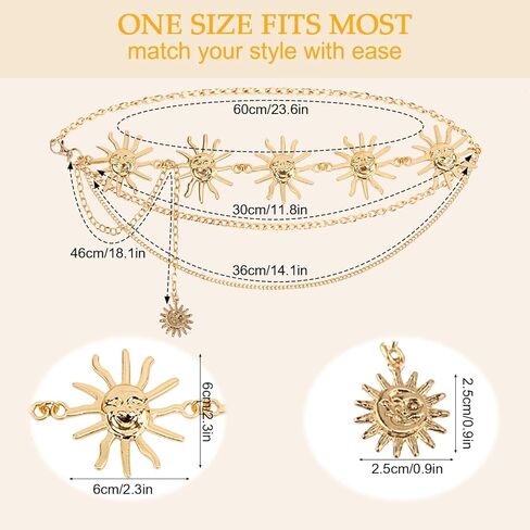 حزام ربط سلسلة خصر معدني للنساء والفتيات، حزام سلسلة عباد الشمس ذهبي متعدد الطبقات قابل للتعديل لفستان الجينز والحفلات الموسيقية الريفية in Kuwait