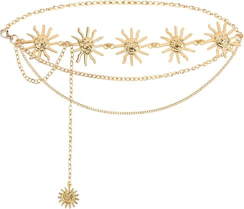 حزام ربط سلسلة خصر معدني للنساء والفتيات، حزام سلسلة عباد الشمس ذهبي متعدد الطبقات قابل للتعديل لفستان الجينز والحفلات الموسيقية الريفية in Kuwait