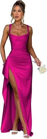 Satin Ruffle Prom Dresses Long for Women Spaghetti Straps Mermaid Slit Cocktail Dresses Formal Gowns for Teens in Kuwait