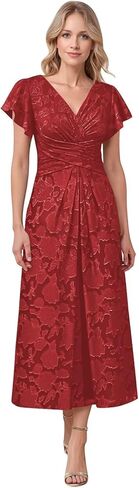 Tea Length Floral Mother of The Bride Dresses Lace Chiffon Short Sleeve V Neck A Line Pleated Formal Evening Dress in Kuwait