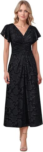 Tea Length Floral Mother of The Bride Dresses Lace Chiffon Short Sleeve V Neck A Line Pleated Formal Evening Dress in Saudi Arabia