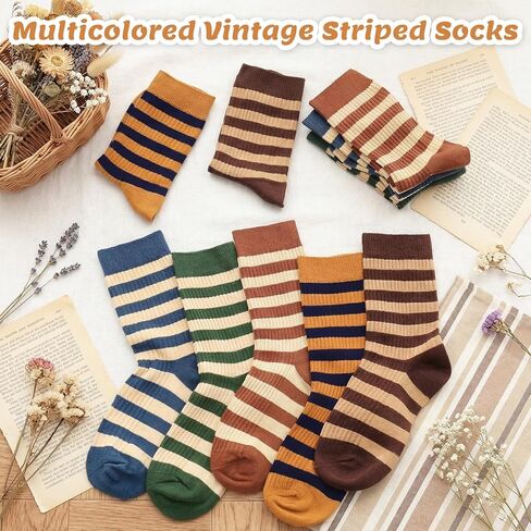 5 Pairs Retro Striped Socks Colorful Cute Crew Socks Casual Athletic Socks for Women All-Season in Kuwait