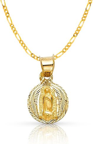 Ioka 14K Yellow Gold Diamond Cut Our Lady of Guadalupe Stamp Charm Pendant with 1.2mm Figaro 3+1 Chain Necklace in Saudi Arabia