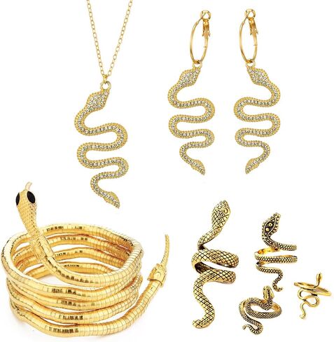 Snake Earrings & Necklace 14K Gold Plated Snake Bracelet Personalized Punk Snake Rings Hypoallergenic Fashion Rhinestone Ear Jewelry Set for Women and Girls in Saudi Arabia