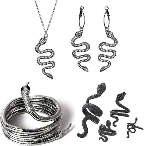 أقراط وقلادة على شكل ثعبان، سوار على شكل ثعبان مطلي بالذهب عيار 14 قيراط، مجموعة مجوهرات على شكل ثعبان بانك مخصصة مضادة للحساسية، مجموعة مجوهرات الأذن من حجر الراين للنساء والفتيات in Kuwait