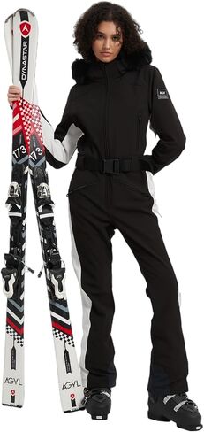 بدلة تزلج نسائية BGX قطعة واحدة بدلة ثلج على الجليد بدلة قفز معزولة مقاومة للماء ومضادة للرياح ورياضات شتوية دافئة (XS، أسود أبيض) in Kuwait