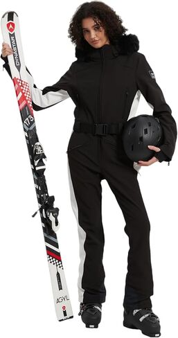 بدلة تزلج نسائية BGX قطعة واحدة بدلة ثلج على الجليد بدلة قفز معزولة مقاومة للماء ومضادة للرياح ورياضات شتوية دافئة (XS، أسود أبيض) in Kuwait