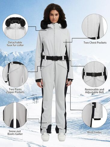 بدلة تزلج نسائية BGX قطعة واحدة بدلة ثلج على الجليد بدلة قفز معزولة مقاومة للماء ومضادة للرياح ورياضات شتوية دافئة (XS، أسود أبيض) in Kuwait