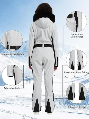 بدلة تزلج نسائية BGX قطعة واحدة بدلة ثلج على الجليد بدلة قفز معزولة مقاومة للماء ومضادة للرياح ورياضات شتوية دافئة (XS، أسود أبيض) in Kuwait