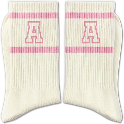 Pink and White Striped Crew Socks with the Letter， Classic Varsity Sports Style Monogram Socks in Saudi Arabia