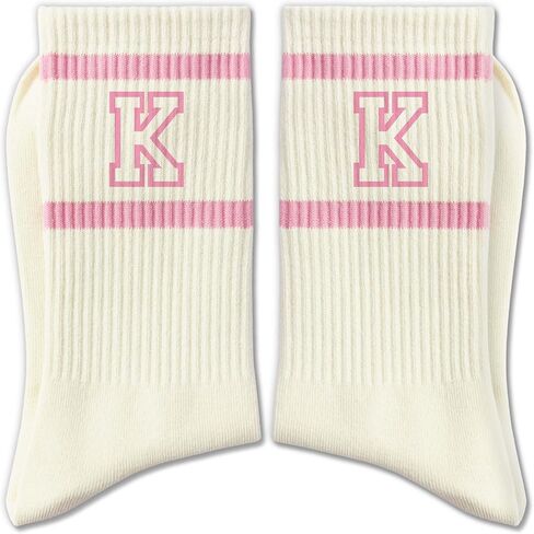Pink and White Striped Crew Socks with the Letter， Classic Varsity Sports Style Monogram Socks in Saudi Arabia