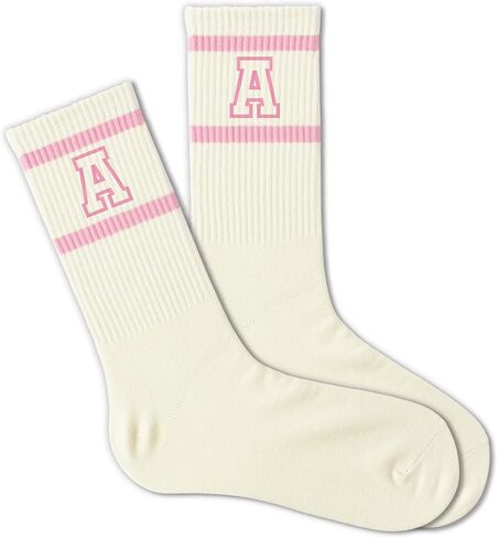 Pink and White Striped Crew Socks with the Letter， Classic Varsity Sports Style Monogram Socks in Saudi Arabia