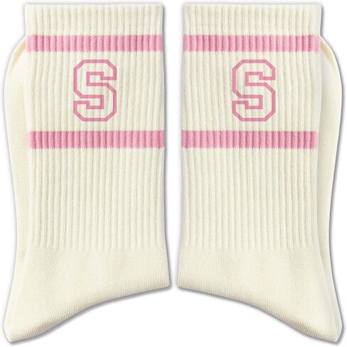 Pink and White Striped Crew Socks with the Letter， Classic Varsity Sports Style Monogram Socks in Saudi Arabia