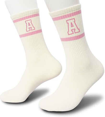 Pink and White Striped Crew Socks with the Letter， Classic Varsity Sports Style Monogram Socks in Saudi Arabia