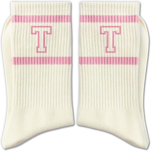 Pink and White Striped Crew Socks with the Letter， Classic Varsity Sports Style Monogram Socks in Saudi Arabia