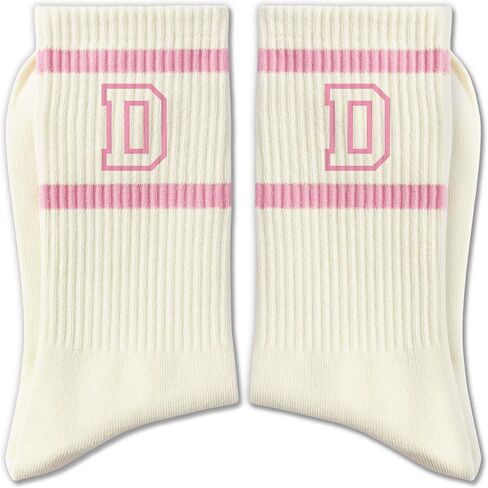 Pink and White Striped Crew Socks with the Letter， Classic Varsity Sports Style Monogram Socks in Saudi Arabia