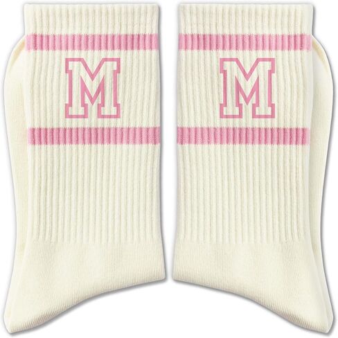 Pink and White Striped Crew Socks with the Letter， Classic Varsity Sports Style Monogram Socks in Saudi Arabia