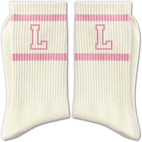 Pink and White Striped Crew Socks with the Letter， Classic Varsity Sports Style Monogram Socks in Saudi Arabia